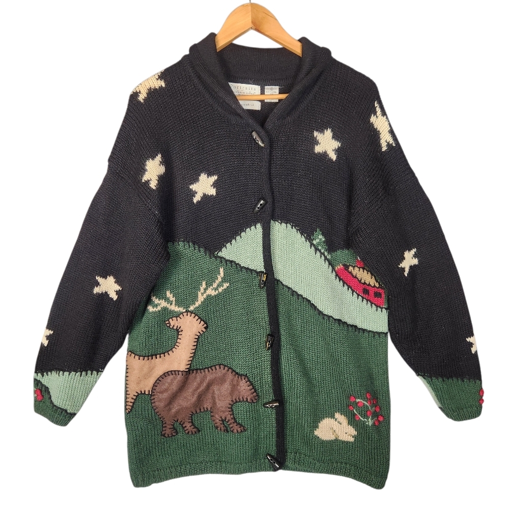 Vintage‎ Hand Embroidered Caridgan Womens XL Wool Forest Print Cabincore